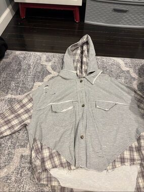 Maurices Gray Hooded Layered Plaid Sleeve Top